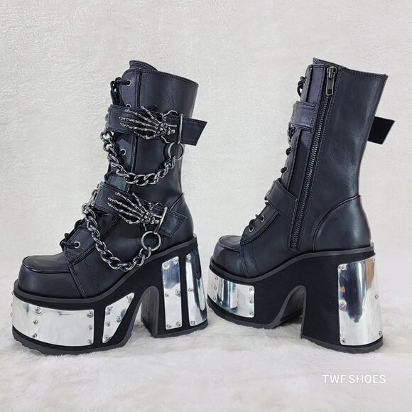 Camel Demonia Goth Punk Mid Calf Platform Boots Skeleton Hands Chains - Picture 3 of 9